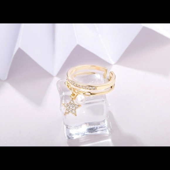 Gold Color Ring for Women Classic Adjustable Imitation Pearl CZ Star Pendant - Picture 4 of 7